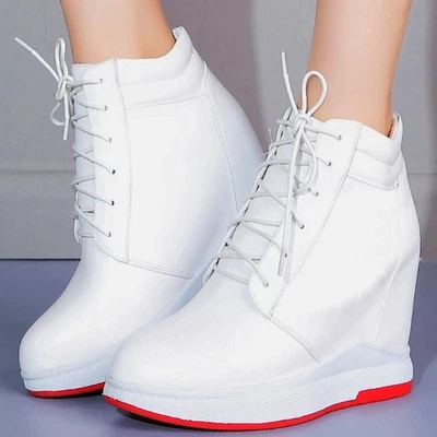 Talla Grande 43 44 45 46 Mujeres Cuero de Vaca Cuña Oculta Moda Tenis Botines Foto 1 de 4