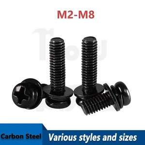 Black Phillips Pan Head Machine Screws Bolts + Washers & Spring Washers M2-M8 M4 - Picture 1 of 10
