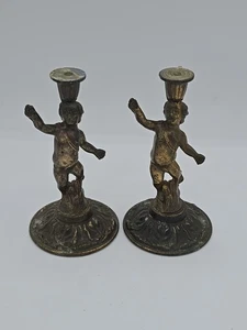 Vintage Messing Cherub 5,5" Kerzenständer Halter, Patina, 2er Set  - Bild 1 von 24