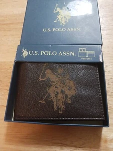 US POLO ASSN Brown Leather Logo Embossed Slim Fold Men's Wallet New In Box - Picture 1 of 5