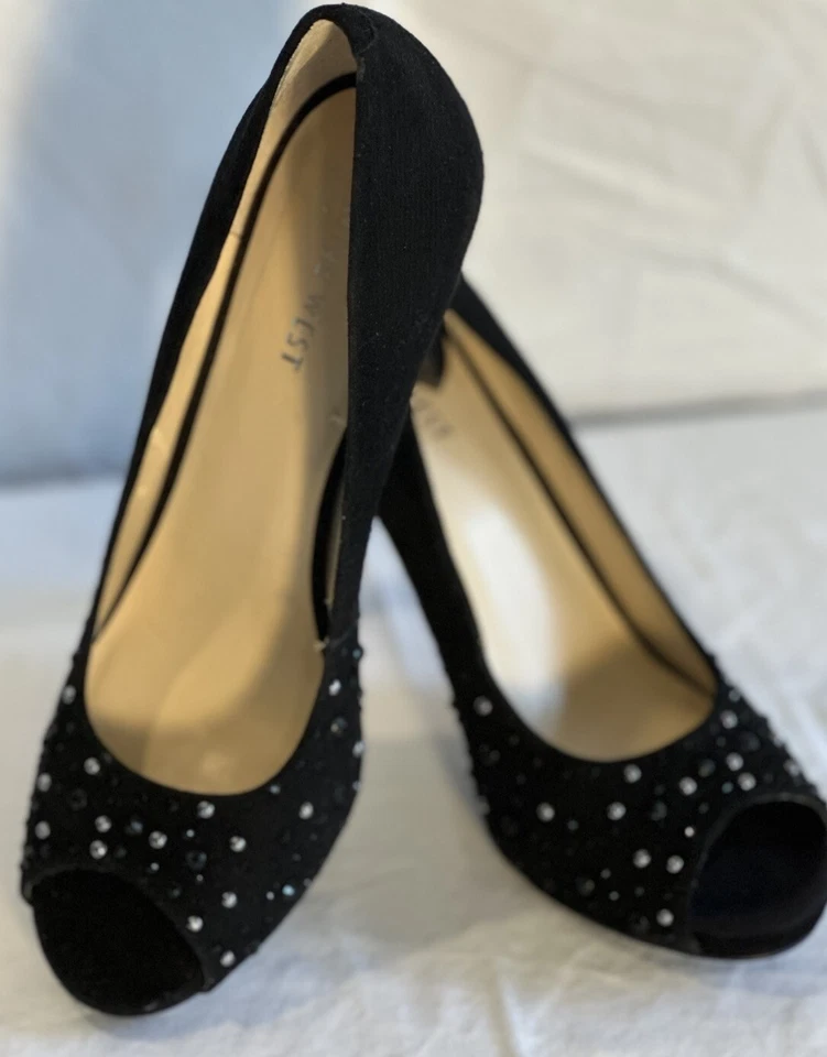 Tacones de cuero formales Nine West talla 8 gamuza negra estrás punta abierta Foto 1 de 4