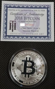 2018 BITCOIN PROOF 1 OZ .999 FINE SOLID SILVER COMMEMORATIVE AOCS LIMITED w/ COA - Picture 1 of 4