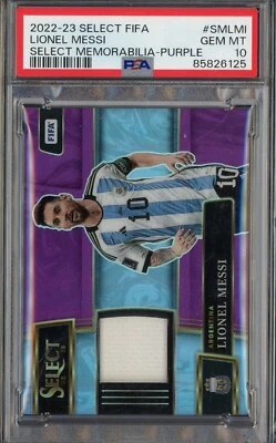 2022-23 Panini Select FIFA Soccer Purple Prizm Lionel Messi Jersey 31/49 PSA 10 - Image 1 of 2
