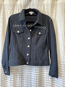 ST John Sport Denim Jacket Womens Medium Black Studded Unique Detail Chambray - Picture 1 of 10