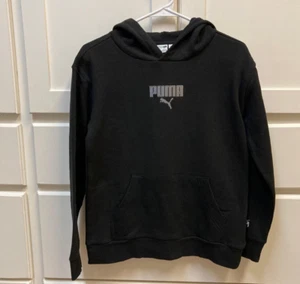 NWT Puma Fleece Youth Hoodie Black Gray Logo and Kangaroo Pockets Large 14/16 - Picture 1 of 3
