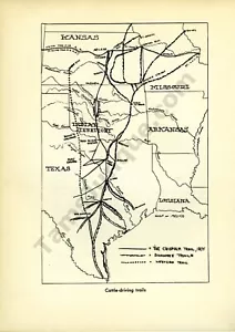 1955 Evelyn Curro Buch Seite Kunst Zeichnung Old West Rinder Fahren Karte Chisholm Trl - Bild 1 von 1