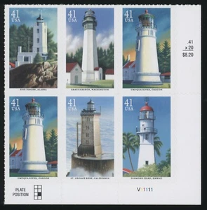 US - 2007 Pacific Lighthouses - SC# 4146-4150 (6) Blocco di 6 placche come nuove NH OG - Foto 1 di 2