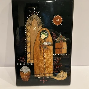 Vintage Beautiful Persian Lacquer Plaque W/Mother-Of-Pearl Inlay – Woman & Bird - Picture 1 of 13