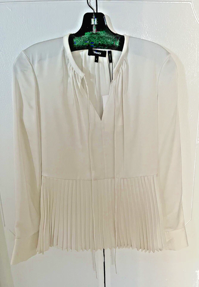 Theory Women's Ivory Satin Peplum-Hem Pleated Self-Tie Blouse Top Size S