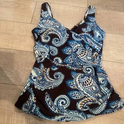 LANDS END MUJER MARRÓN AZUL PAISLEY TANKINI BAÑADOR TALLA 8 Foto 1 de 4