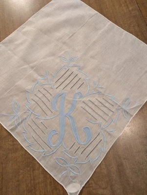 VINTAGE HANKIE MONOGRAM INITIAL "K" BLUE ON WHITE COTTON FLORAL EMBROIDERY - Image 1 of 2