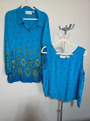 Silk Lore by Beth Terrell Silk Button Up  And Tank Set Blue Size 1X Paisley - Image 1 of 4