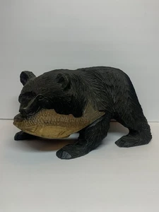Vintage Holz geschnitzter Bär mit Lachs Hokkaido Japan Kibori-kuma unmarkiert 11 Zoll - Bild 1 von 17