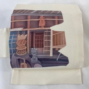 Nagoya obi Cream silk signature building blur used excellent condition - Picture 1 of 5