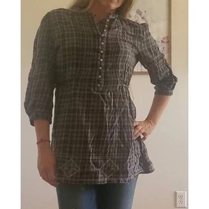 New York & Company plaid tie back peasant tunic black gray medium - Picture 1 of 4