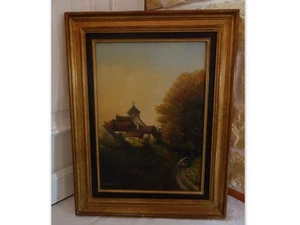 ALTES ÖL AUF LEINWAND GERAHMT DORF SCHAFHERDE SIGNIERT R. DESPOTS - Bild 1 von 3