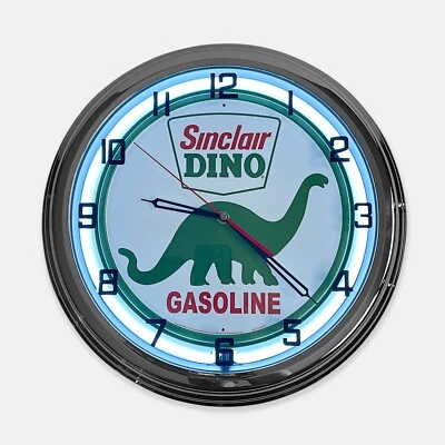18" Sinclair Dino Metal Sign Designed White Neon Clock - SIGNBOX - Image 1 of 4