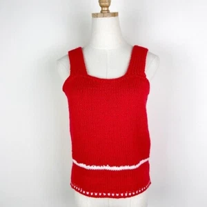 Vintage 70's Red and White Hand-Knit Sweater Tank Top - Picture 1 of 12