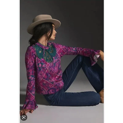 Anthropologie TINY Brenan Flutter Sleeve Top Purple Turquoise Womens XXS NWT - Image 1 of 4