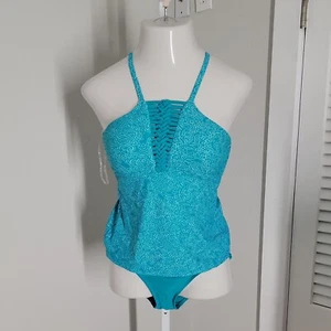 Catalina 2 Piece Classy Halter Tankini Top & Bottom Set ~ Teal & White ~ Sz S - Picture 1 of 7
