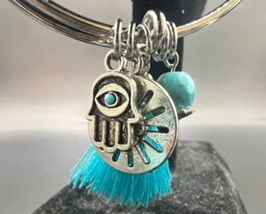 Alex and Ani Silver Bangle Bracelet Turquoise Hamsa Hand Sun Charms Adjustable - Picture 1 of 8
