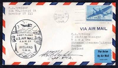 US 1945 IRELAND FIRST TWA FLIGHT F.A.M. 27 DECATUR ILL. TO SHANNON AIRPORT - Image 1 of 2