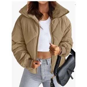 MEROKEETY Women Long Sleeve Zipper Puffer Jacket Winter Quilted Short Down Coat - Picture 1 of 8