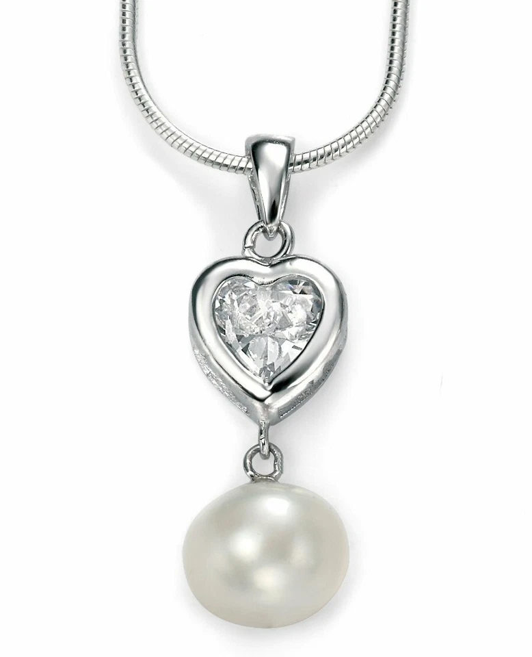 Elementi In Argento, Cuore CZ E Pendente A Perla Bianca A Goccia - Immagine 1 di 1