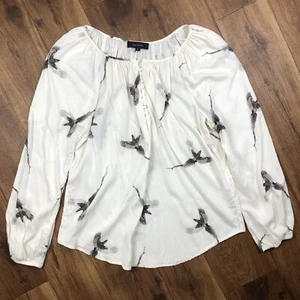Karen Kane Women Sz XL White Allover Pheasant Print Blouse Long Sleeve - Picture 1 of 10