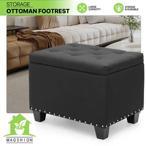 24" Black Storage Bench Lift Top Tufted Poufs Ottoman Upholstered Footrest Stool - Picture 1 of 10