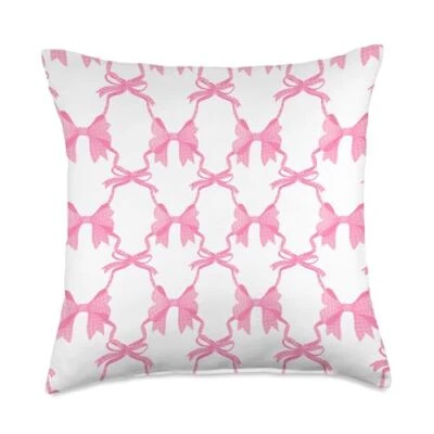 Coquette Aesthetic Pink Gingham Bow Grandmillennial Girly Throw Pillow - Image 1 of 3