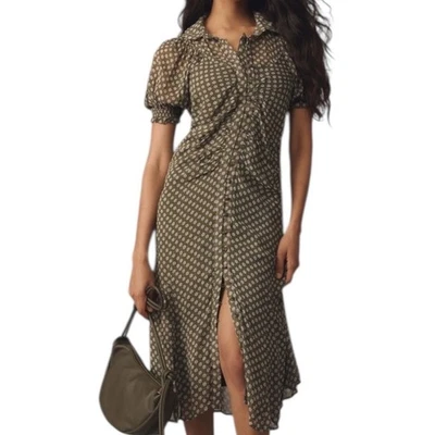 Anthropologie Floral Puffed Sleeve Ruched Midi Shirt Dress Moss Green Size 2 - Image 1 of 4