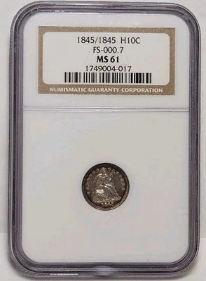 1845/1845 H10C SEATED HALF DIME  NGC MS61  Beautiful Edge Toning  RTC122 - Image 1 of 4