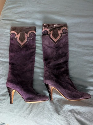 Andrea Pfister Purple Suede & Snakeskin Knee High Boots Sz 8.5 Vintage 80s - Image 1 of 4