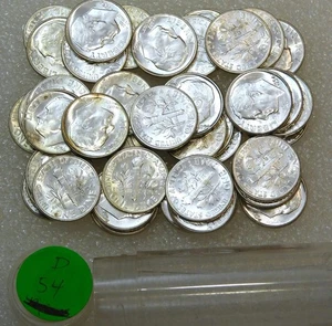 1954 D Roosevelt Silver Dime Original Frosty UNPICKED Gem BU roll 50 coins#P210 - Picture 1 of 2