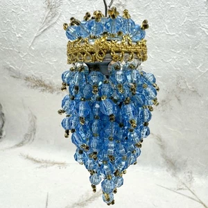 VTG TEA BALL Chandelier CHRISTMAS ORNAMENT Blue Gold BEADS SEQUINS 4” - Picture 1 of 8