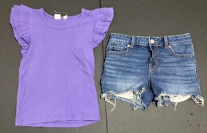 Girl's Gap & Cat & Jack Outfit Size 8 - Purple Ribbed Top w/Jean Shorts EUC - Picture 1 of 7