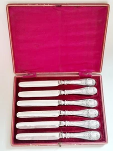 6 antique R F Mosley 7¼in tea knives silver handles hallmarked 1907/8 boxed - Picture 1 of 23
