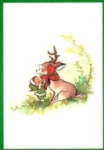 Merry Christmas Little Green Elf & Reindeer Edith Osborn Corbett Greeting Card - Picture 1 of 3