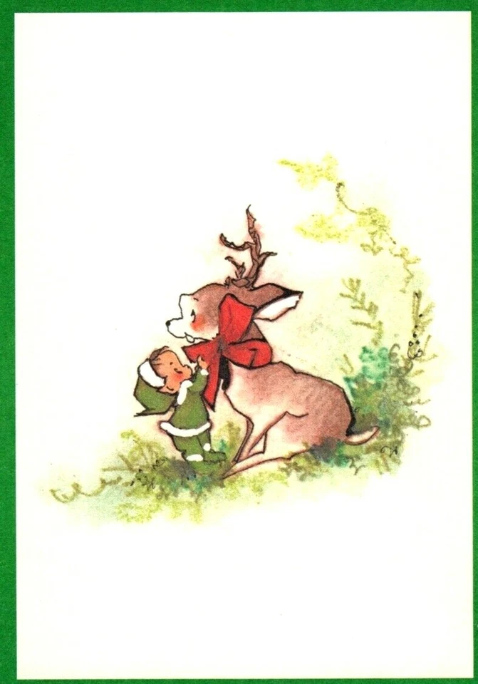 Merry Christmas Little Green Elf & Reindeer Edith Osborn Corbett Greeting Card - Image 1 of 3