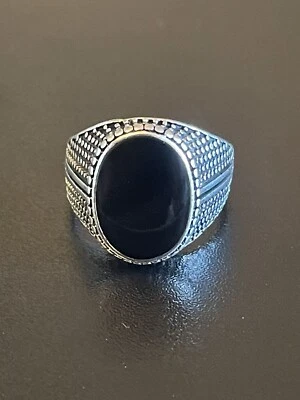 Повседневный черный обсидиан S925 посеребренный мужчин женщин кольцо размер 8,75 - Изображение 1 из 4