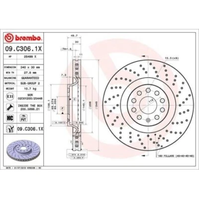 2x Brake Disc Brembo 09.C306.1X Fits Audi Seat Skoda VW - Image 1 of 2