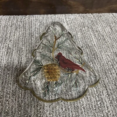 Cardinal Hand  Painted Glass Tree  Dish Holiday Christmas decor - Image 1 of 4