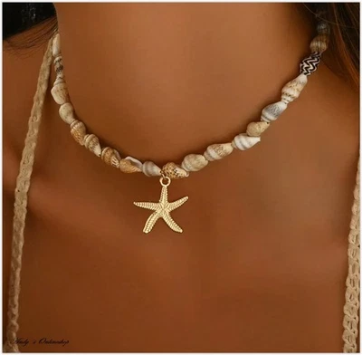 Damen Halskette Muschel Kaurimuschl Surfer Schmuck Perlen Seestern verstellbar - Bild 1 von 4