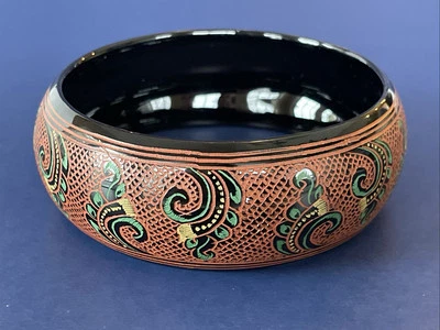Brazalete Brazalete Vintage Auténtico Pintado a Mano Madera Negra Foto 1 de 4