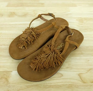 Vionic Sandals Size 6 Womens Sosha Orthotic Suede Leather Brown Fringe T-Strap - Picture 1 of 4
