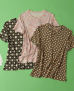 Mujeres Seda Camiseta 100% Morera Elegante Floral Estampado Camiseta Mangas Cortas Prendas para el torso - Imagen 1 de 20
