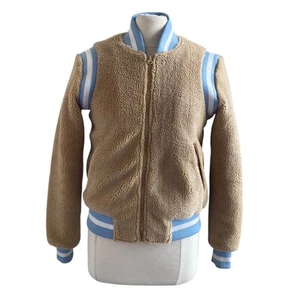 AMERICAN STITCH Bomber Jacket Womens Sz Small Tan Fleece Varsity Full Zip  - Picture 1 of 8