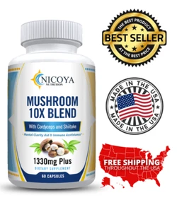 10x Mushroom Complex Supplement- Lions Mane, Reishi, Shiitake, Immune Capsule - Picture 1 of 10