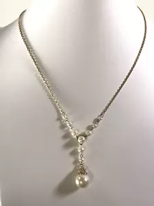 Delicate Gold Tone Chain Rhinestones Faux Pearl Y-Drop Necklace 16" Vintage - Picture 1 of 8